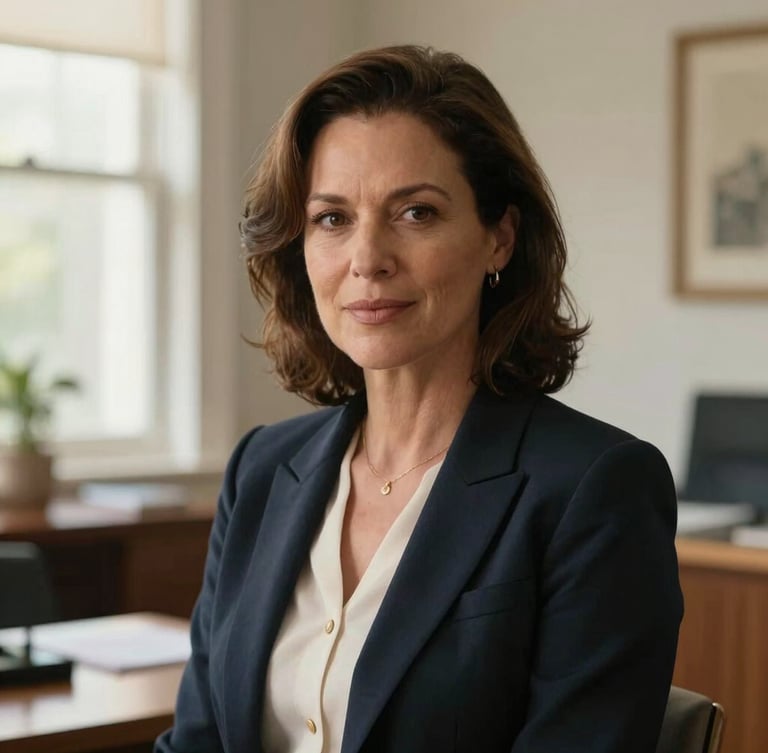 A warm, professional medium-close portrait of Epsie Belle Thompson Taylor in a light-filled office, looking confidently off-camera, soft natural daylight, refined architectural details in the background.