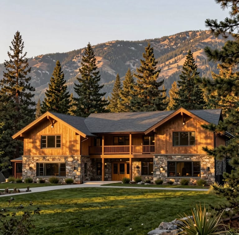 Warm morning light on a modern timber and stone estate facade in Sun Valley, towering pine trees, 35mm editorial photography.