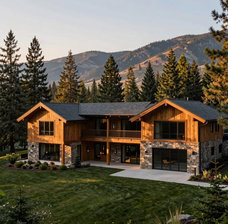 Wide-angle architectural photograph of a modern timber and stone estate in Sun Valley, warm golden-hour light filtering through pine trees, clean lines, 35mm