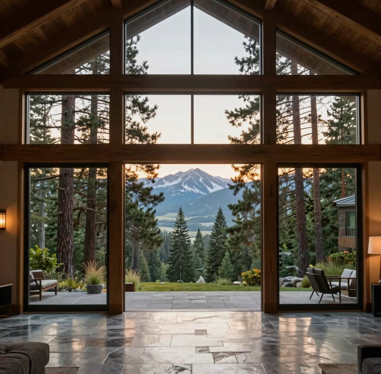 Immaculate luxury home interior, floor-to-ceiling windows showing pine forests, soft morning sunlight reflecting on polished stone floors, spacious and architectural, 35mm.