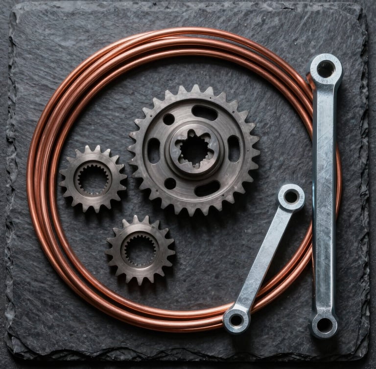 Top-down flat lay of heavy-duty copper wiring, industrial gear teeth, and pristine steel hardware tools organized on a dark slate surface, sharp technical shadows, cool industrial lighting.