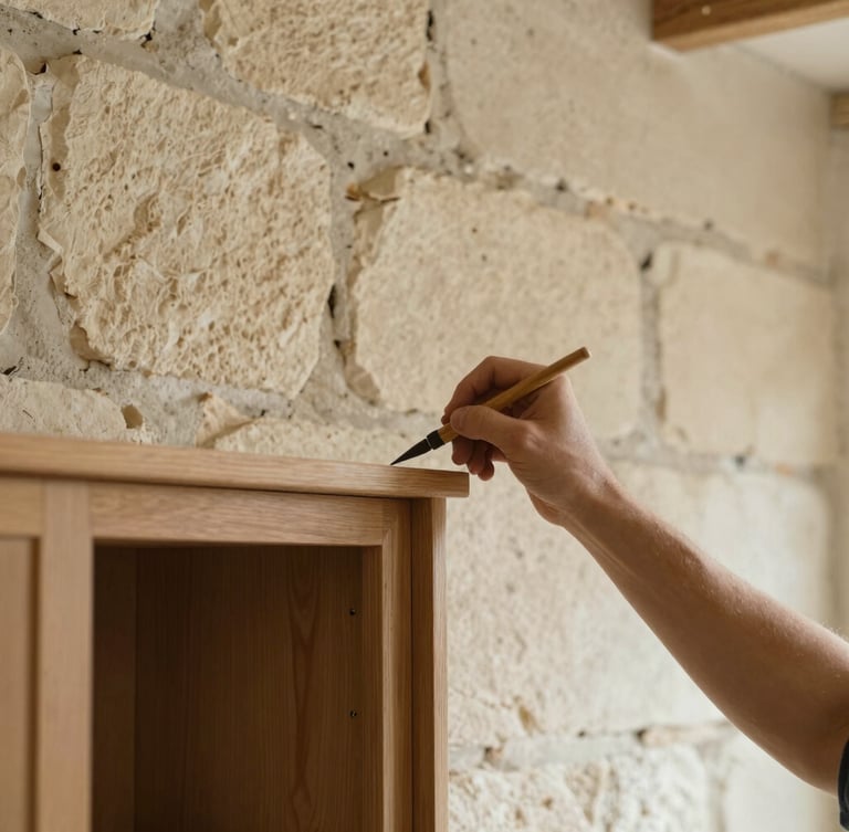 Close-up detail shot of a craftsman scribing an oak cabinet frame to sit flush against an irregular, textured cream sandstone cottage wall, soft natural side-light, 35mm