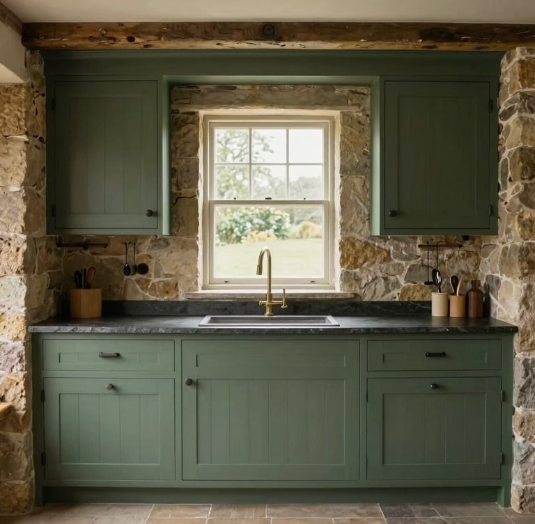 Straight-on architectural elevation of a bespoke forest green kitchen in a stone cottage, soft natural daylight through a deep-set window, hand-painted timber cabinets, slate worktops, warm editorial interior photography, 35mm