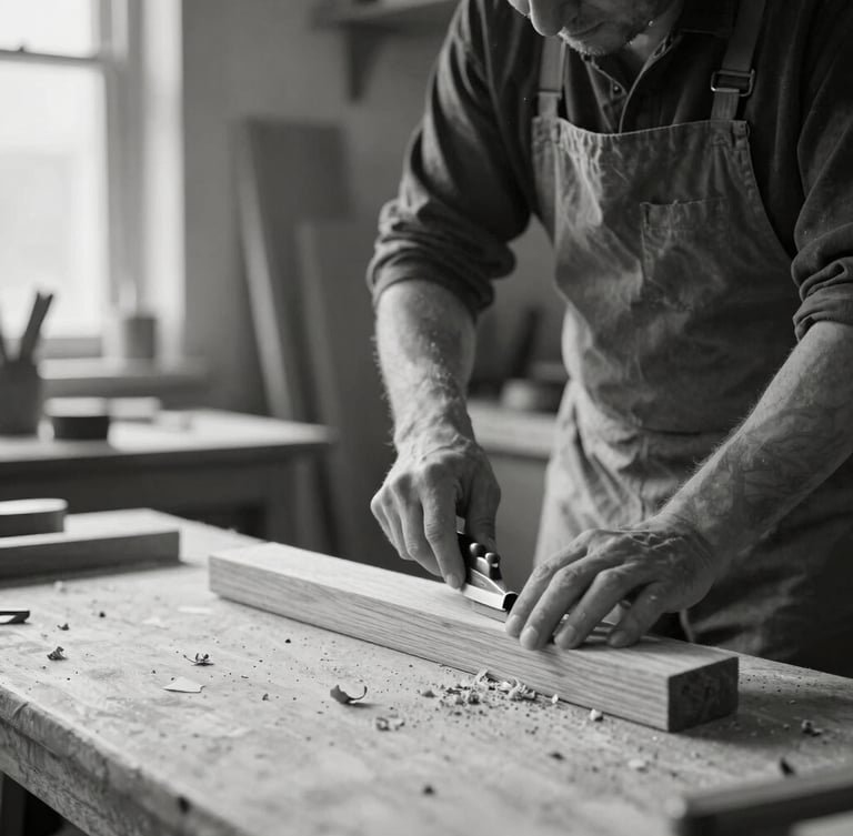 Black and white portrait of a joiner in a sunlit workshop, hand-shaving a piece of solid oak, wood shavings on the bench, soft natural light, 35mm