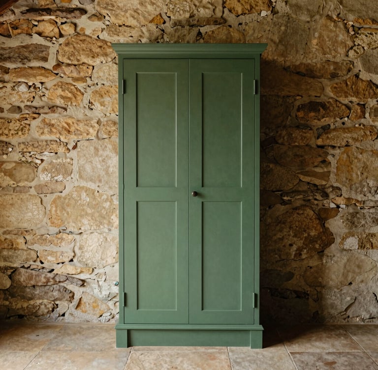 Straight-on architectural shot of a hand-painted forest green larder cabinet perfectly scribed to sit flush against an uneven historic stone cottage wall, soft morning light, warm editorial style, 35mm