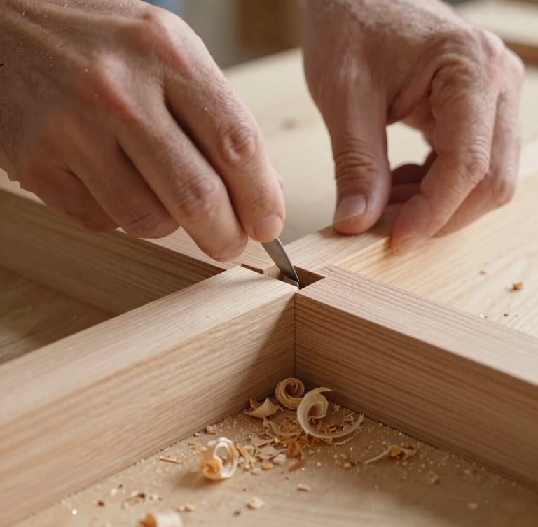 Close-up of a master joiner's hands chiseling a mortise and tenon joint in light oak, fine wood shavings, soft side daylight, 35mm
