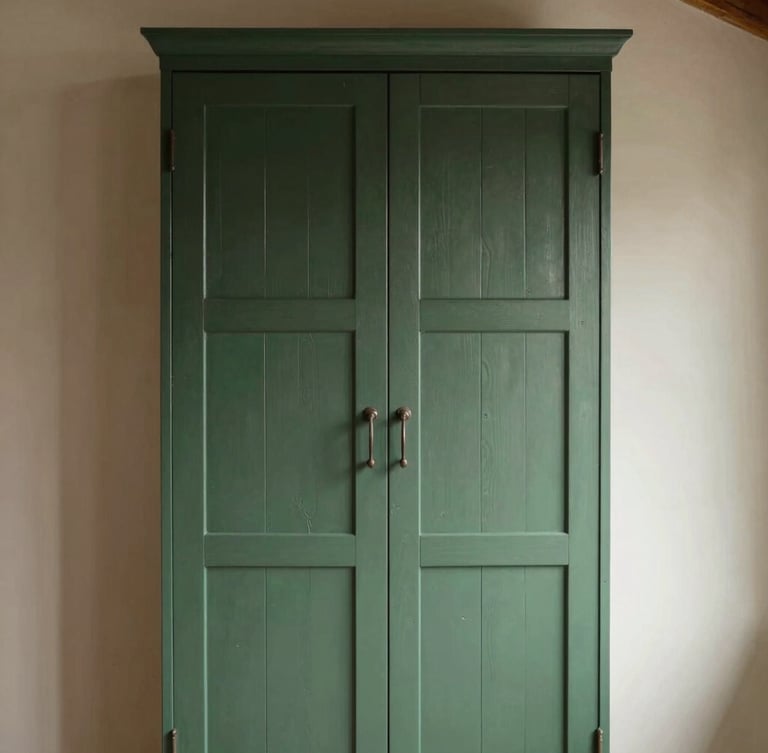 Straight-on architectural shot of a tall in-frame larder cabinet in a barn conversion, hand-painted in deep forest green, soft natural daylight highlighting the timber grain.