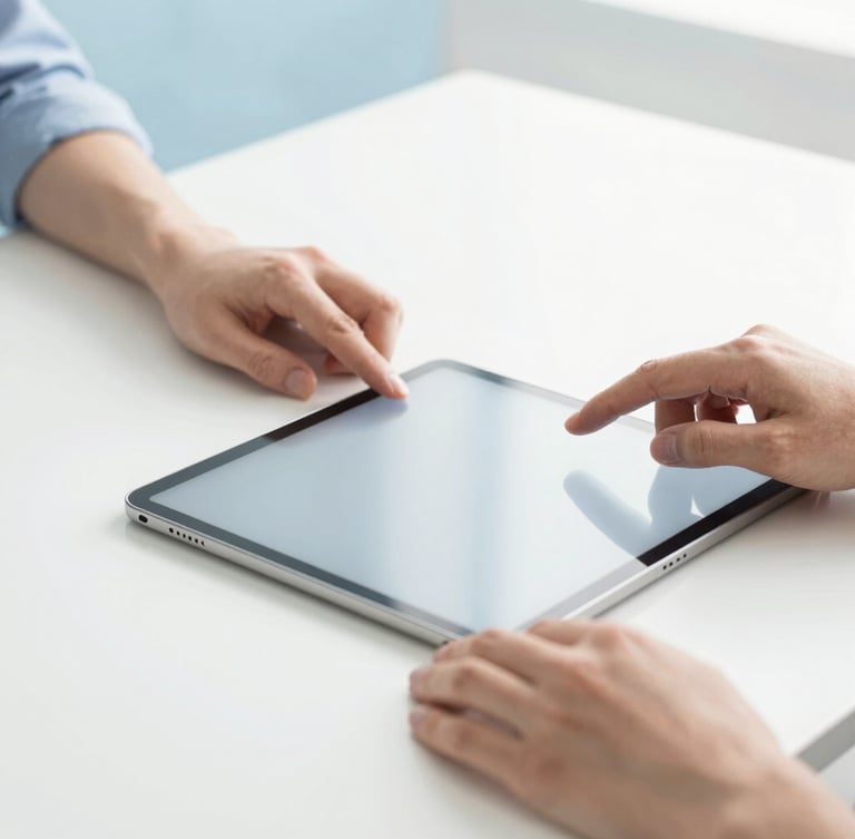Close-up of hands adjusting creative tools next to a modern tablet on a clean white desk, soft natural daylight, high-key editorial look