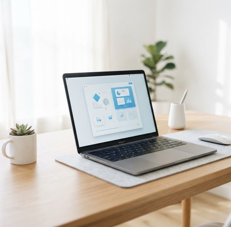 Bright high-key minimalist workspace with a modern laptop showing clean tutorial interfaces, soft diffused morning daylight, shallow depth of field