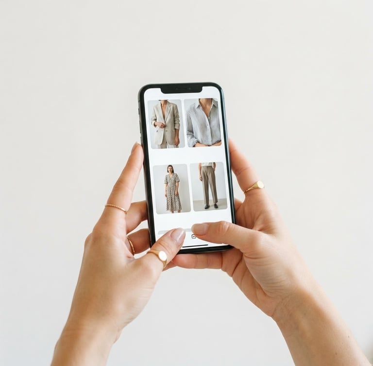 bright high-key product photography of hands holding a stylish smartphone displaying a curated local clothing catalog, clean neutral studio backdrop, crisp natural light