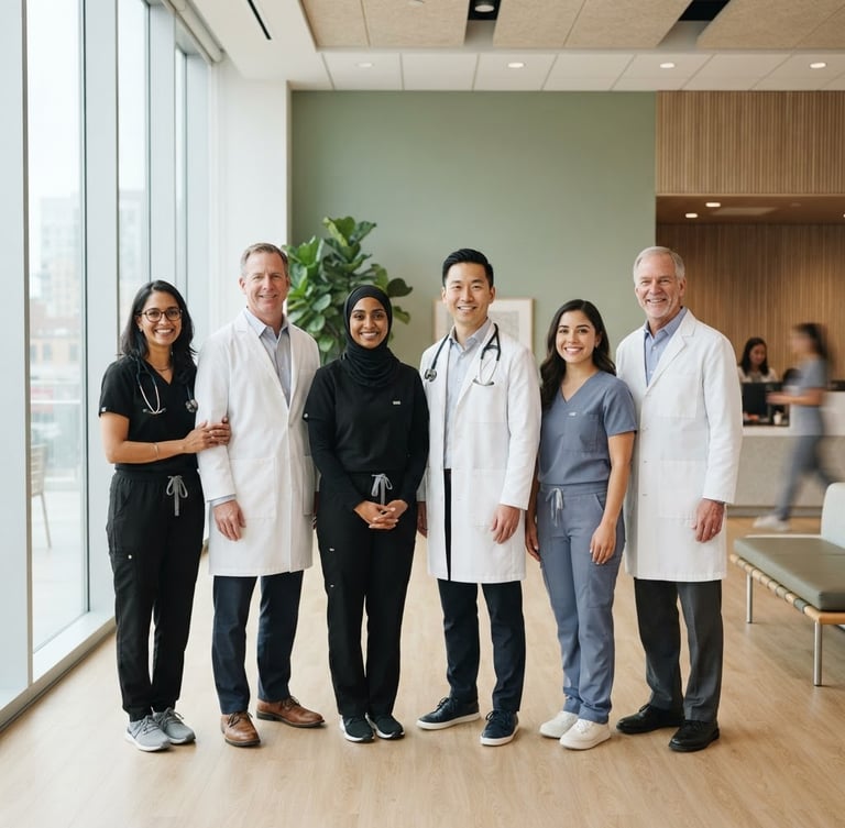 Approachable medical team standing together in a bright, modern clinic lobby with soft sage green accents, diffused natural daylight, professional editorial photography style