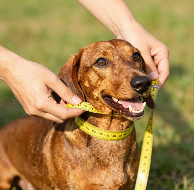 Close-up of hands gently measuring a happy dachshund with a soft yellow tape measure, warm golden hour light, shallow depth of field, vibrant colors