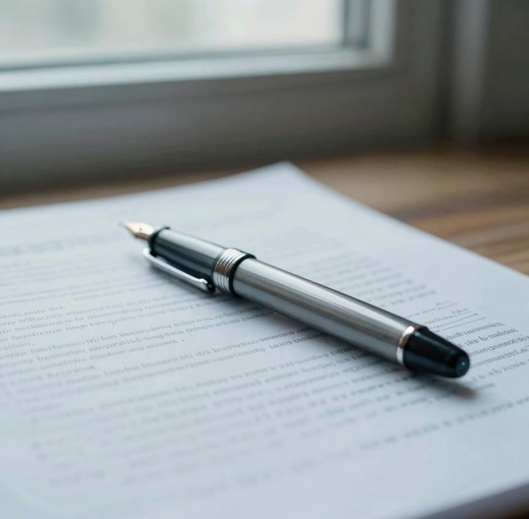 A close-up photograph of a vintage fountain pen resting on printed scientific manuscript pages, soft natural library window light, shallow depth of field, 35mm