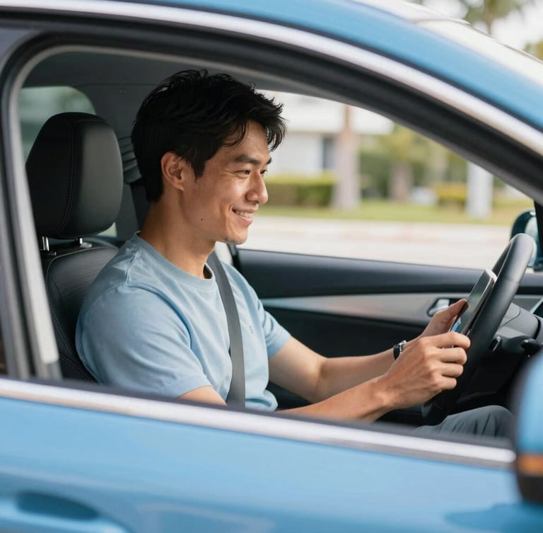 A driver smiling while looking at a tablet inside a modern car parked in bright Florida daylight, clean focus