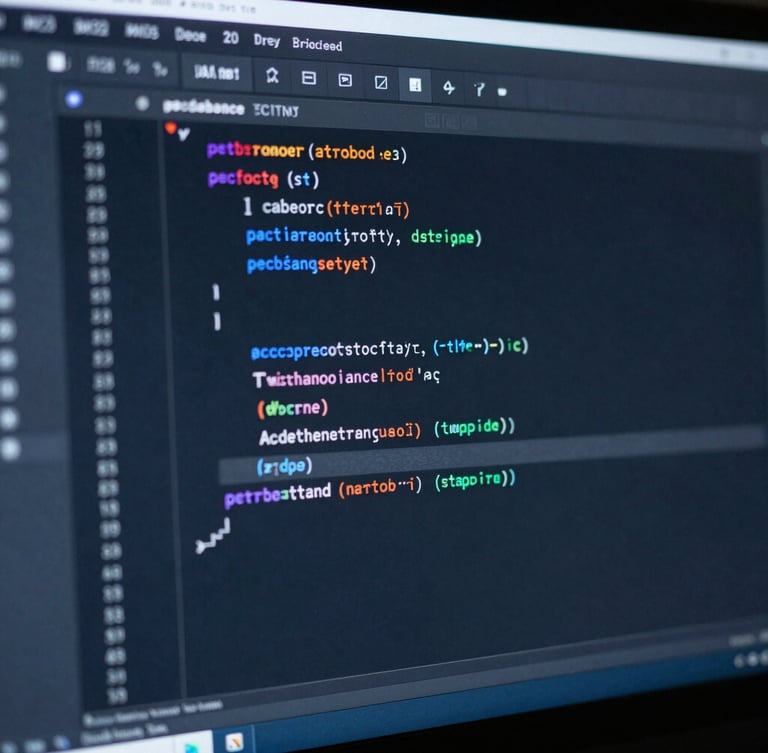 Extreme close-up of a clean IDE interface showing structured backend code on a dark monitor, dramatic cool-toned blue light casting sharp shadows, high focus.