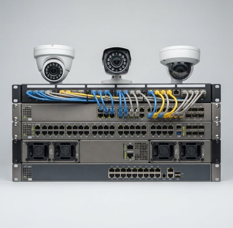 Straight-on studio shot of professional enterprise networking switches and security cameras on a seamless light gray background, high-key lighting, crisp technical details