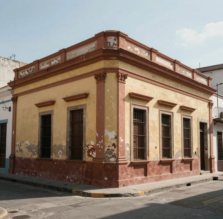 Wide angle editorial photograph of a sunny historic street corner in San Telmo, Buenos Aires, with colorful faded architecture, natural daylight, soft shadows.