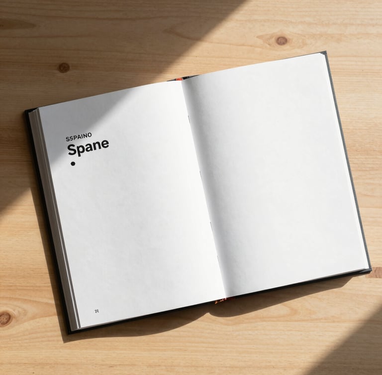 An overhead flat-lay of a minimalist Spanish textbook and open notebook on a bright wooden desk, soft natural morning light casting realistic shadows.