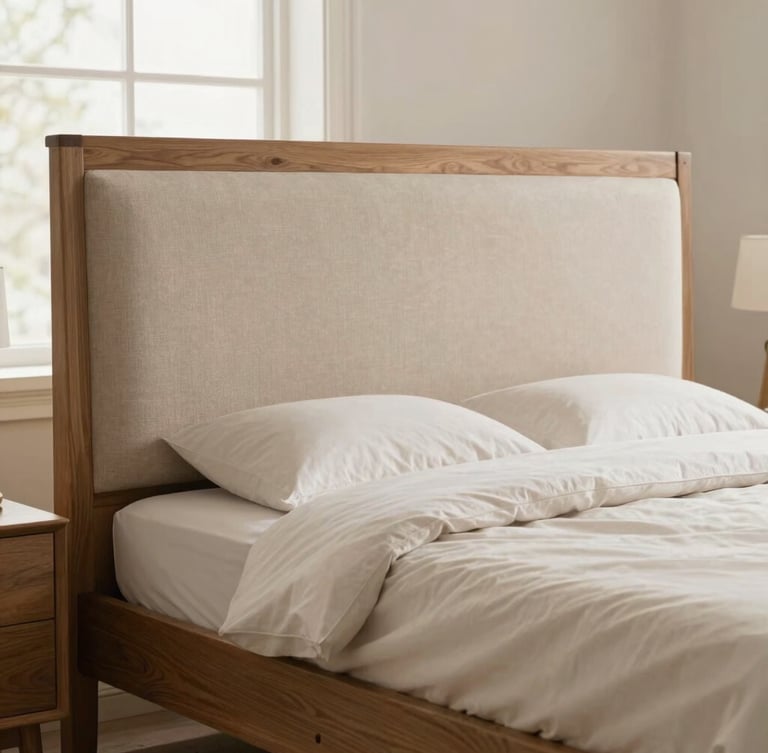 Warm editorial photography of a styled bedroom with a custom wooden bed frame and upholstered headboard, soft natural light, clean neutral tones, shallow depth of field