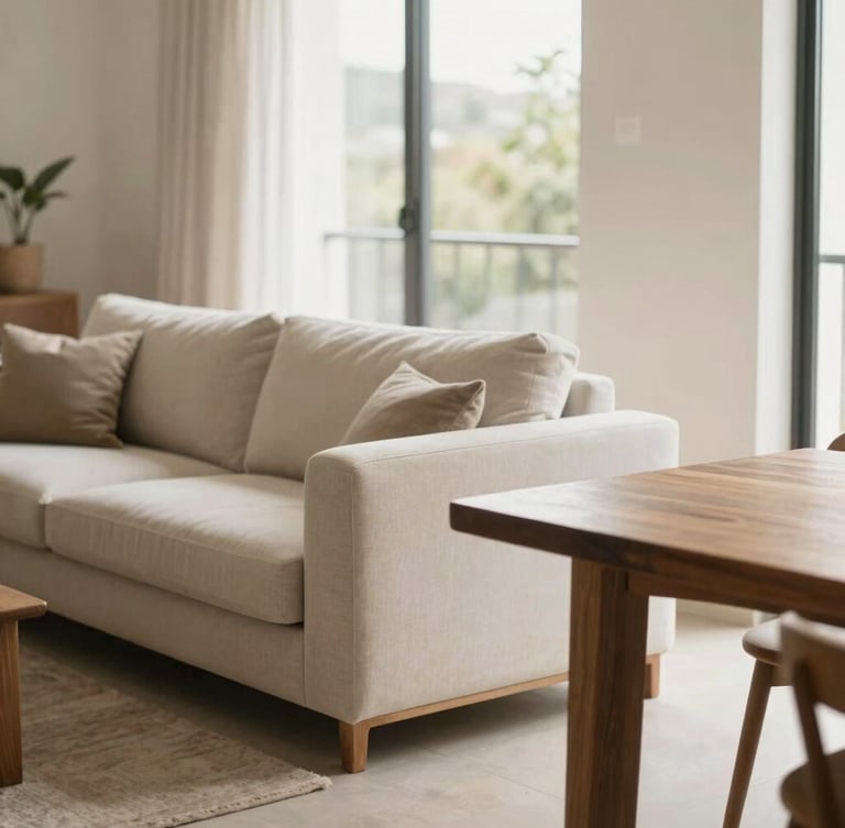 Warm editorial photography of a modern apartment living room in Mexico, bright natural window light, featuring a minimalist custom fabric sofa and solid wood dining table, 35mm