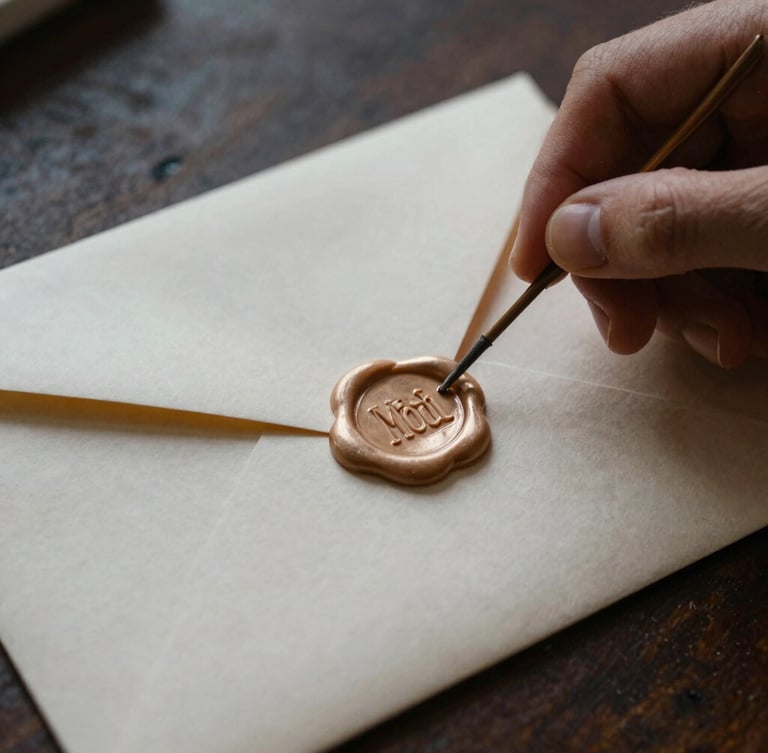 Moody editorial close-up of a hand sealing a heavy textured paper envelope with warm champagne wax, soft dark shadows, natural ambient light