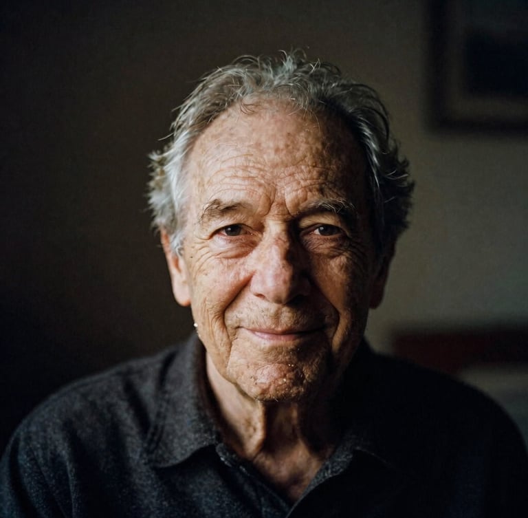 Cinematic portrait of an elderly person smiling softly, warm champagne light illuminating their face, deep charcoal background, 35mm film style