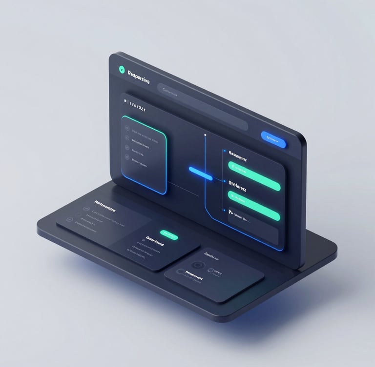 Isometric 3D render of a sleek, dark-mode responsive website interface, glowing electric blue and mint green accent lines, clean studio lighting, high-fidelity UI mockup on a floating digital canvas