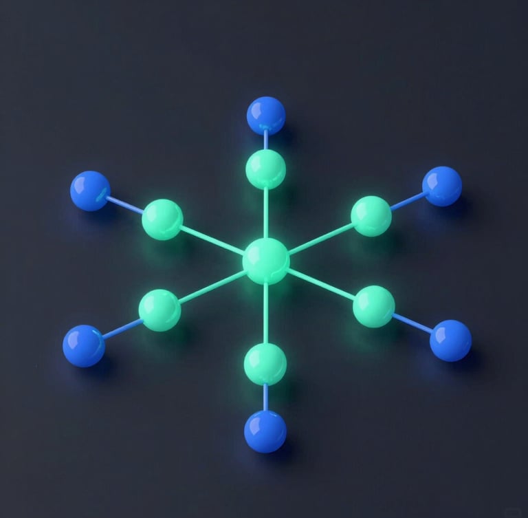 Abstract 3D representation of connected enterprise networks, glowing mint green and electric blue nodes, clean tech aesthetic, dark slate background, ultra-detailed