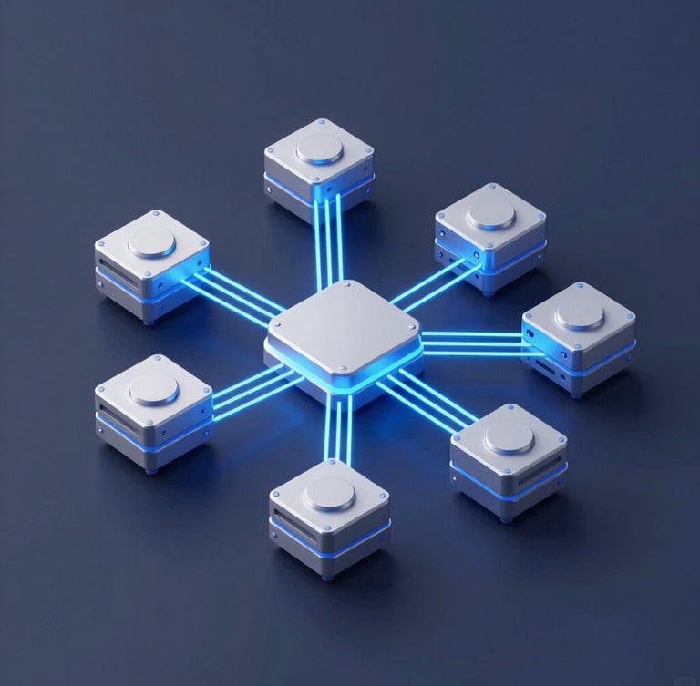 Crisp isometric UI mockup of high-speed server nodes with glowing electric blue connection lines on a deep slate background, clean studio lighting, 8k