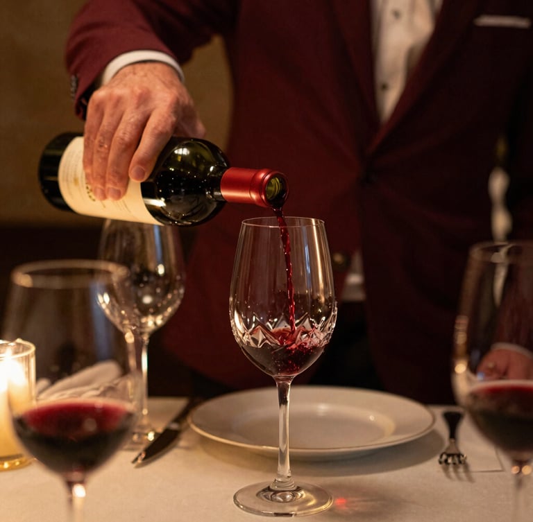 Close-up of a sommelier pouring red wine into a crystal glass at a finely set table, warm low-key ambient lighting, rich maroon and gold accents, shallow depth of field, 35mm