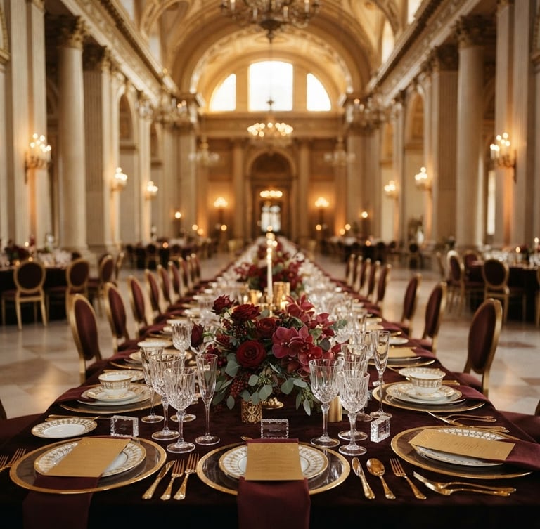 Wide shot of a grand banquet hall, meticulously set table with gold accents, warm ambient lighting, shallow depth of field, empty, regal editorial luxury, 35mm