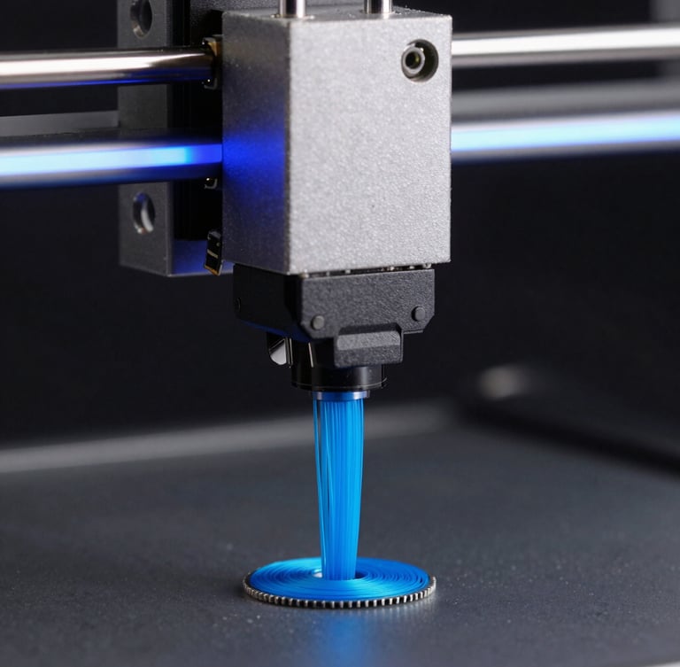 Macro shot of a 3D printer nozzle extruding electric blue filament with micron-level precision, cool blue LED edge-lighting, dark background, sharp focus