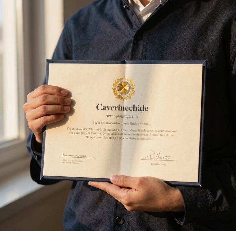Close-up of a student holding an academic certificate, soft golden-hour lighting, high contrast.