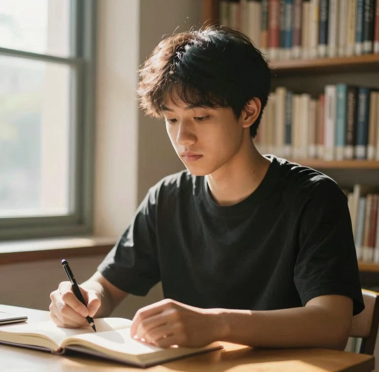 A focused young man writing in a notebook while studying in a library with natural light.