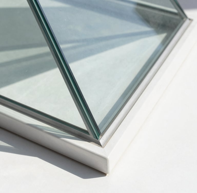 Macro architectural detail of a modernist glass prism refracting bright daylight, sharp geometric shadows, clean white and silver tones, 35mm lens.