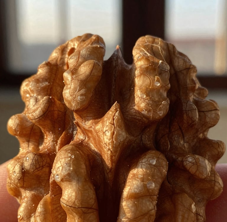 Macro close-up of premium raw walnut wood grain, warm golden hour sunlight highlighting the organic texture and deep brown tones
