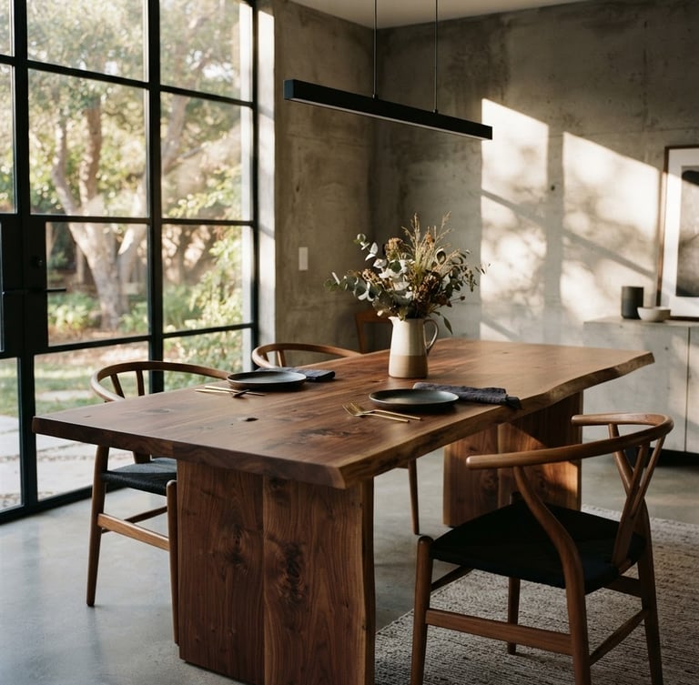 Warm architectural photography, soft afternoon window light, a solid walnut dining table in a minimalist modern dining room, concrete walls, medium format film, deep shadows