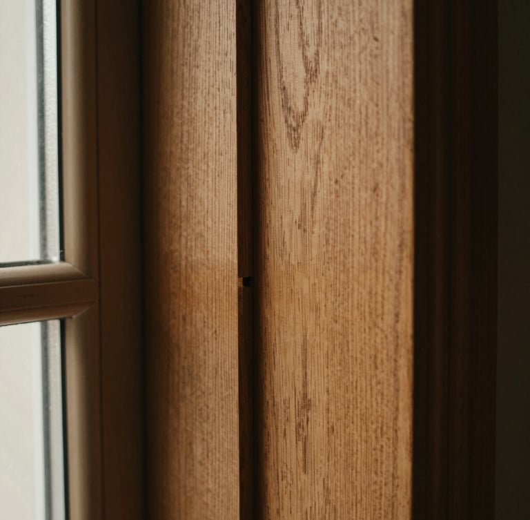 Macro close-up of architectural-grade wood joinery, mortise and tenon joint, rich oak wood grain, soft side-lit window light, deep shadows