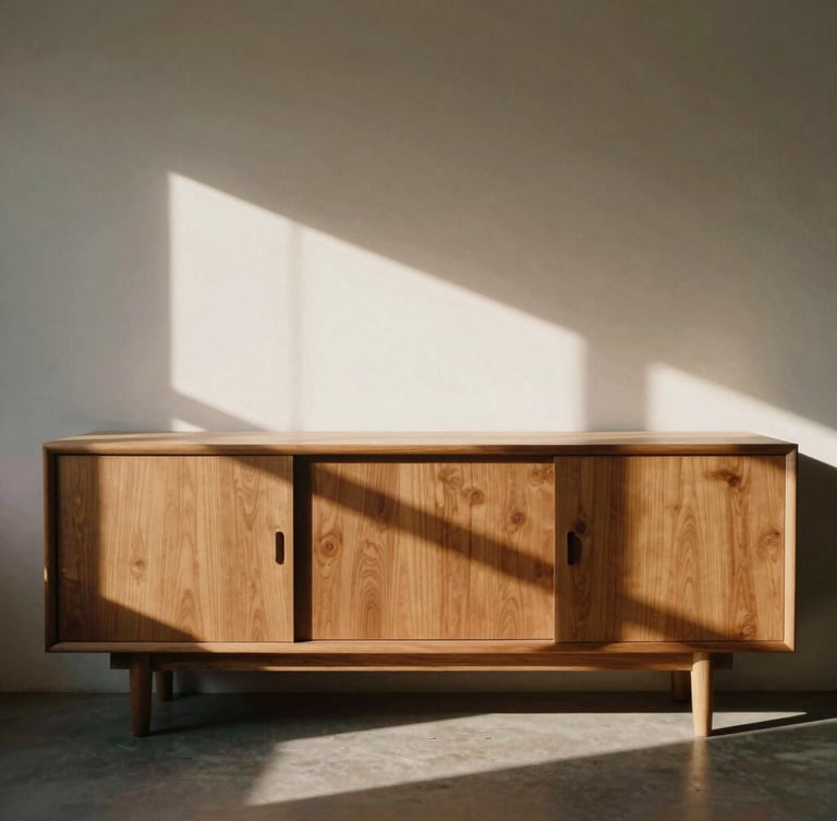 A minimalist solid oak sideboard styled in a warm sunlit living room, low-angle afternoon sun casting graphic shadows on the wall, medium format film