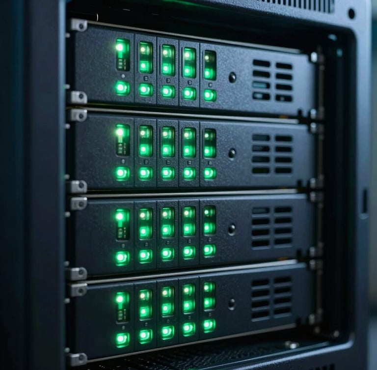 Tight macro crop of physical server racks with blinking green LED lights, dark technical environment, cool blue undertones