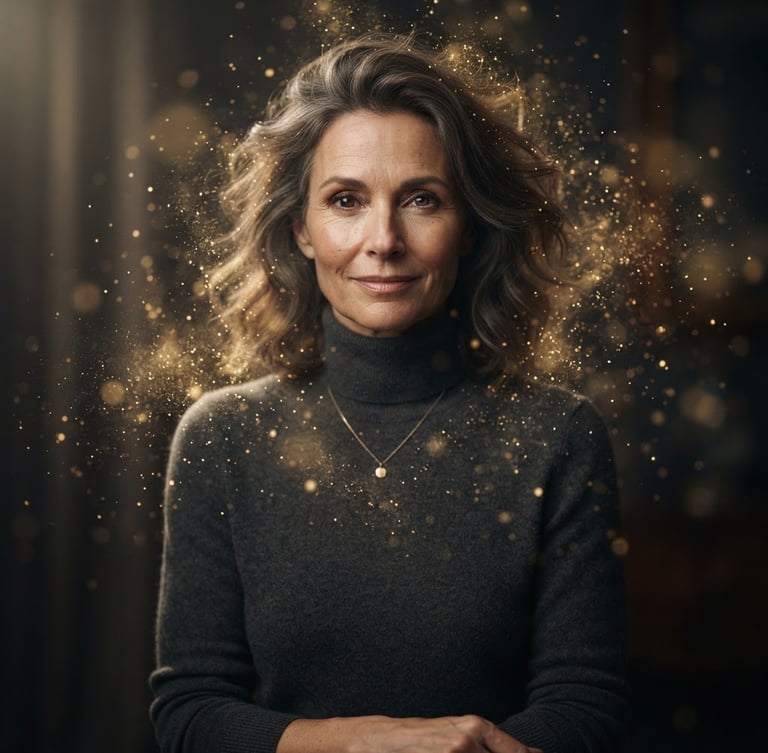 Hyper-realistic studio portrait of a sophisticated person surrounded by floating golden light particles, elegant neutral tones, 85mm portrait lens, cinematic lighting