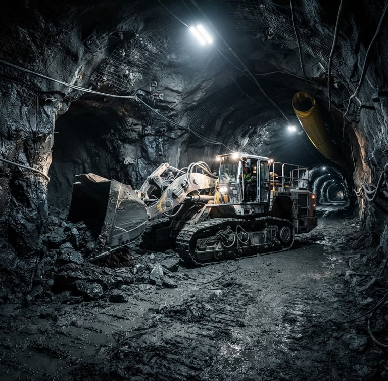 Wide panoramic of a heavy mining machine in an underground tunnel, tracking hardware visible, high-contrast industrial lighting, cool steel and dark slate tones, sharp focus.