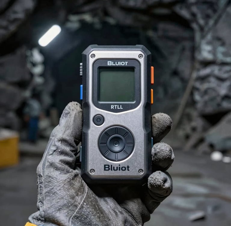 Close-up of a Bluiot ruggedized RTLS device, held by a gloved hand in a mining environment, moody lighting, sharp focus.