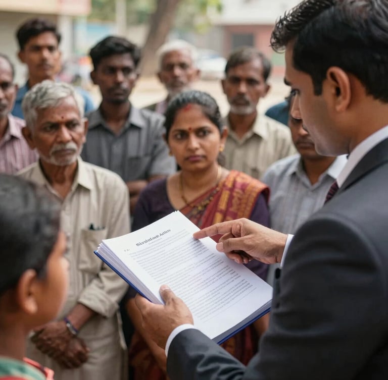 A close-up of a legal literacy camp in semi-urban India, an advocate in professional attire pointing to a constitutional handbook, attentive local community members listening, bright natural daylight.