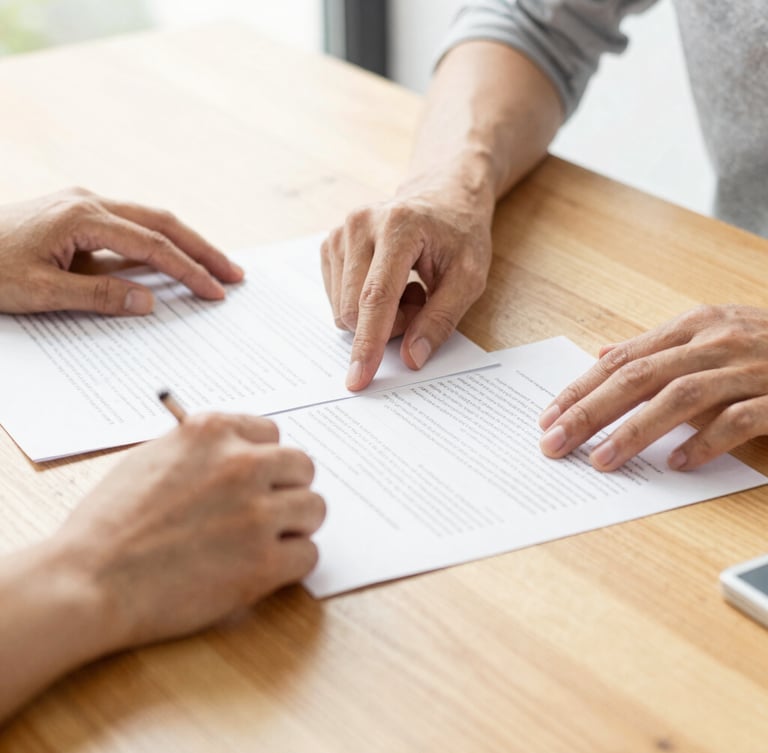 Detail of hands collaborating over clean documents on a light oak table, bright natural daylight.