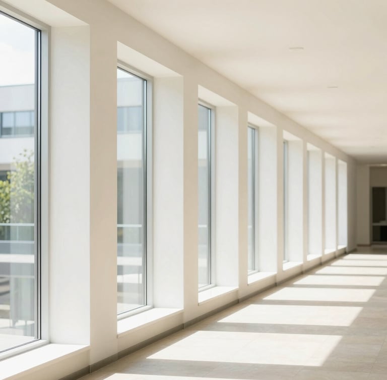Bright modern architectural corridor with clean lines and floor-to-ceiling windows, high-key natural light.