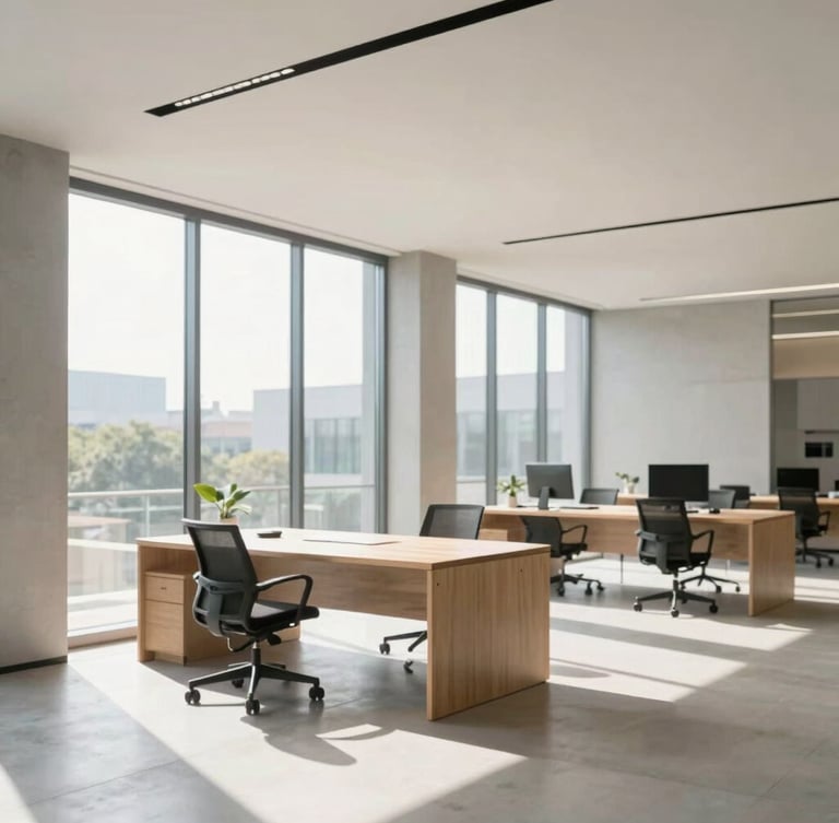 Bright, sun-drenched modern architectural workspace with high-key natural daylight, minimalist concrete and glass, clean editorial feel, shallow depth of field, 35mm