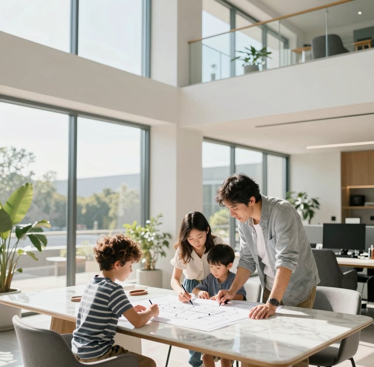 Bright editorial photography of a modern, sun-drenched architectural workspace, clean lines, large windows, a family collaborating over blueprints on a marble table.