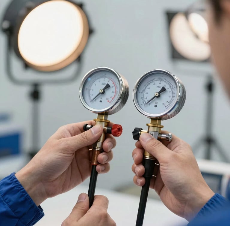 Crisp commercial photography of professional technician hands adjusting high-end diagnostic pressure gauges, bright clean work lights, sharp focus, 35mm