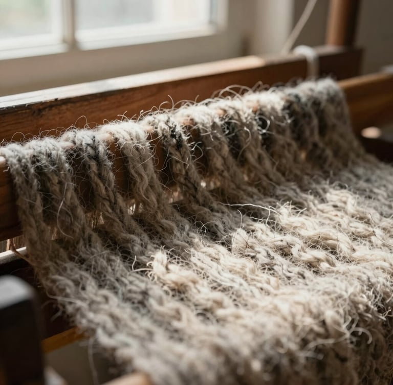 Macro close-up of thick, undyed wool threads on a rustic wooden loom, heavy shadows highlighting the coarse fiber texture and natural charcoal variation, warm window light, 35mm.